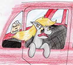 Size: 1868x1649 | Tagged: safe, artist:40kponyguy, derpibooru exclusive, derpy hooves, pegasus, pony, g4, behaving like a dog, car, ear fluff, female, pony pet, silly, silly pony, solo, tongue out, traditional art, windswept mane