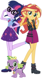 Size: 614x1149 | Tagged: safe, artist:cheezedoodle96, edit, editor:php77, ray, sci-twi, spike, spike the regular dog, sunset shimmer, twilight sparkle, dog, leopard gecko, equestria girls, g4, my little pony equestria girls: better together, boots, bowtie, clothes, double peace sign, female, geode of empathy, geode of telekinesis, glasses, group, high heel boots, jacket, leather jacket, lesbian, looking at you, magical geodes, peace sign, ponytail, quartet, raised leg, ship:sci-twishimmer, ship:sunsetsparkle, shipping, shoes, simple background, skirt, socks, transparent background