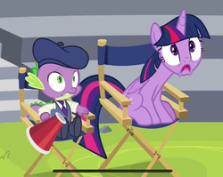 Size: 1167x927 | Tagged: safe, screencap, spike, twilight sparkle, alicorn, pony, g4, horse play, chair, director's chair, faic, megaphone, twilight sparkle (alicorn)