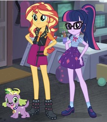 Size: 811x922 | Tagged: safe, artist:cheezedoodle96, edit, editor:php77, ray, sci-twi, spike, spike the regular dog, sunset shimmer, twilight sparkle, dog, leopard gecko, equestria girls, g4, my little pony equestria girls: better together, bowtie, female, geode of empathy, geode of telekinesis, lesbian, looking at you, magical geodes, ship:sci-twishimmer, ship:sunsetsparkle, shipping, spike's dog collar, tongue out
