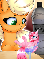 Size: 2400x3200 | Tagged: safe, artist:madacon, applejack, pinkie pie, earth pony, pony, g4, bar, cocktail glass, cup, cup of pony, cute, cuteamena, diapinkes, glass, high res, looking down, loose hair, martini glass, micro, pinkamena diane pie, size difference