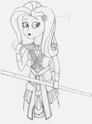 Size: 1024x1385 | Tagged: safe, artist:drcool13, fluttershy, equestria girls, g4, armor, bad anatomy, female, monochrome, shadow fight 2, simple background, solo, staff, traditional art, watermark, weapon, white background