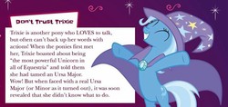 Size: 887x417 | Tagged: safe, trixie, pony, unicorn, boast busters, g4, official, ultimate guide, cape, clothes, hat, trixie's cape, trixie's hat, twilight wrote this