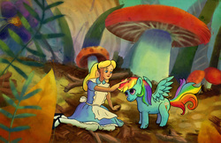 Size: 1545x1000 | Tagged: artist needed, safe, rainbow dash, human, pegasus, pony, g4, alice, alice in wonderland, crossover, disney