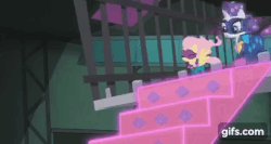 Size: 406x216 | Tagged: safe, edit, edited screencap, screencap, fluttershy, radiance, rarity, saddle rager, pegasus, pony, unicorn, g4, power ponies (episode), season 4, animated, cage, cropped, female, gif, gifs.com, power ponies, slowed down, stairs