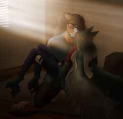 Size: 3012x2916 | Tagged: safe, artist:askbubblelee, oc, oc only, oc:pandie, oc:walter nutt, anthro, anthro oc, carrying, clothes, death by coffee, dewclaw, female, glasses, high res, male, oc x oc, room, shipping, straight, sunlight