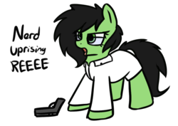 Size: 1042x736 | Tagged: safe, artist:neuro, oc, oc only, oc:filly anon, pony, angry video game nerd, clothes, cute, female, filly, glasses, gun, handgun, lab coat, nerd, open mouth, pistol, reeee, simple background, solo, talking, tongue out, transparent background, weapon