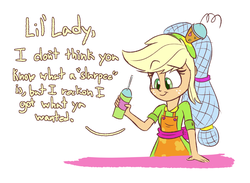 Size: 1500x1100 | Tagged: safe, artist:heir-of-rick, applejack, equestria girls, g4, my little pony equestria girls: summertime shorts, shake things up!, 7-eleven, cute, dialogue, female, food, hairnet, jackabetes, offscreen character, slurpee, solo