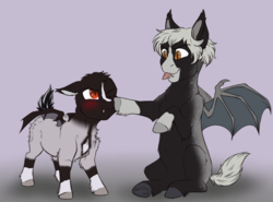 Size: 1964x1454 | Tagged: safe, artist:blackblood-queen, oc, oc only, oc:damion bates, oc:victor bates, bat pony, bat pony oc, colt, male, siblings, smiling, unamused, younger