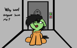 Size: 1543x977 | Tagged: safe, artist:neuro, oc, oc only, oc:filly anon, pony, clothes, d-class, door, female, filly, misspelling, prison outfit, sad, scp, scp foundation, sitting, solo