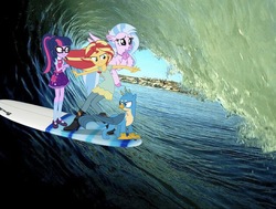 Size: 1529x1153 | Tagged: safe, editor:php77, gallus, sci-twi, silverstream, sunset shimmer, twilight sparkle, classical hippogriff, griffon, hippogriff, equestria girls, g4, school daze, surfboard, surfing