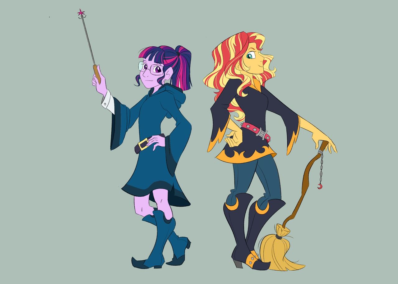 1719645 - safe, artist:stratus35, sci-twi, sunset shimmer, twilight  sparkle, equestria girls, g4, boots, clothes, crossover, dress, duo, little  witch academia, shoes, simple background, skirt - Derpibooru