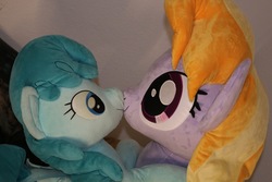 Size: 1280x853 | Tagged: safe, artist:epicrainbowcrafts, artist:rainbowsnowheart, cloud kicker, spring melody, sprinkle medley, pegasus, pony, g4, bed, cute, duo, female, irl, kissing, lesbian, life size, photo, plushie, shipping, springkicker