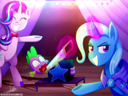 Size: 1360x1020 | Tagged: safe, artist:the-butch-x, spike, starlight glimmer, trixie, dragon, pony, unicorn, assistant, bowtie, box, box sawing trick, cape, clothes, commission, crosscut saw, female, glowing horn, hilarious in hindsight, magic, magic act, magic show, magic trick, mare, out of character, saw, screaming, signature, telekinesis, this will end in death, this will end in tears, this will end in tears and/or death, this will not end well, trixie's cape