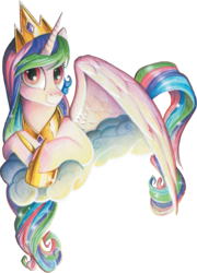 Size: 1101x1528 | Tagged: safe, artist:andy price, idw, princess celestia, alicorn, pony, g4, spoiler:comic65, cloud, cropped, female, hooves, horn, jewelry, lying on a cloud, mare, on a cloud, regalia, simple background, smiling, solo, spread wings, tiara, transparent background, wings