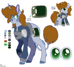 Size: 2248x2048 | Tagged: safe, artist:eleamorbid, oc, oc only, oc:littlepip, pony, unicorn, fallout equestria, clothes, coat markings, cutie mark, ear fluff, fanfic, fanfic art, female, high res, hooves, horn, jumpsuit, leonine tail, looking sideways, mare, pipbuck, reference sheet, simple background, smiling, solo, transparent background, vault suit