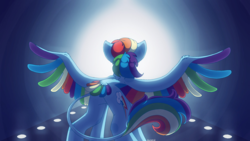 Size: 2560x1440 | Tagged: safe, artist:eleamorbid, rainbow dash, pegasus, pony, g4, colored wings, colored wingtips, cutie mark, ear fluff, female, leonine tail, mare, multicolored wings, rainbow wings, rear view, runway, signature, solo, spread wings, standing, tail feathers, wings