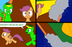 Size: 1005x663 | Tagged: safe, artist:didgereethebrony, scootaloo, oc, oc:didgeree, comic:wreck of the renaissance, g4, broken wing, ship, ship sinking, sinking, sinking ship