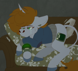 Size: 2248x2048 | Tagged: safe, artist:eleamorbid, oc, oc only, oc:littlepip, pony, unicorn, fallout equestria, clothes, cloven hooves, couch, crying, cutie mark, ear fluff, fanfic, fanfic art, female, high res, hooves, horn, jumpsuit, leonine tail, lying down, mare, pipbuck, solo, vault suit