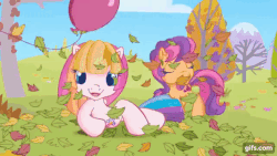Size: 640x360 | Tagged: safe, screencap, cheerilee (g3), pinkie pie (g3), rainbow dash (g3), scootaloo (g3), starsong, sweetie belle (g3), toola-roola, earth pony, pegasus, pony, unicorn, g3, g3.5, twinkle wish adventure, animated, balloon, core seven, cute, dreams do come true, female, gif