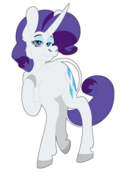 Size: 1280x1811 | Tagged: safe, artist:eleamorbid, rarity, classical unicorn, pony, unicorn, g4, cloven hooves, cutie mark, eyeshadow, female, horn, leonine tail, lidded eyes, long horn, looking at you, makeup, mare, raised hoof, simple background, smiling, solo, transparent background, unshorn fetlocks