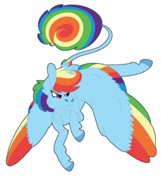 Size: 1280x1405 | Tagged: safe, artist:eleamorbid, rainbow dash, pegasus, pony, g4, chest fluff, colored wings, female, flying, leonine tail, mare, multicolored wings, rainbow wings, simple background, solo, spread wings, tail feathers, transparent background, wings