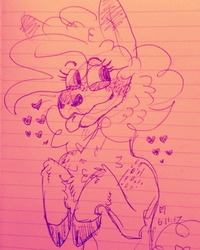 Size: 1024x1280 | Tagged: safe, artist:eleamorbid, pinkie pie, earth pony, pony, g4, chest fluff, cloven hooves, female, heart, lined paper, looking sideways, mare, sketch, solo, tongue out, traditional art