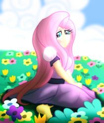 Size: 2100x2500 | Tagged: safe, artist:geraritydevillefort, fluttershy, equestria girls, g4, clothes, dress, female, flower, flower field, high res, solo