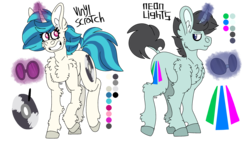 Size: 2560x1440 | Tagged: safe, artist:eleamorbid, dj pon-3, neon lights, rising star, vinyl scratch, pony, unicorn, g4, alternate cutie mark, alternate universe, chest fluff, curved horn, cutie mark, dock, duo, ear fluff, female, glasses, horn, looking back, male, mare, reference sheet, simple background, smiling, stallion, transparent background
