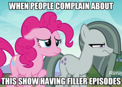 Size: 1509x1080 | Tagged: safe, edit, edited screencap, screencap, marble pie, pinkie pie, earth pony, pony, g4, the maud couple, duo, female, image macro, marble pie is not amused, mare, meme, narrowed eyes, sisters
