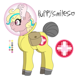 Size: 2048x2048 | Tagged: safe, artist:eleamorbid, oc, oc only, oc:puppysmiles, earth pony, pony, fallout equestria, fallout equestria: pink eyes, ear fluff, female, filly, hazmat suit, high res, hooves, reference sheet, saddle bag, simple background, smiling, solo, transparent background