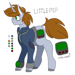 Size: 2048x2048 | Tagged: safe, artist:eleamorbid, oc, oc only, oc:littlepip, pony, unicorn, fallout equestria, clothes, cutie mark, dock, fanfic, fanfic art, female, high res, hooves, horn, jumpsuit, mare, pipbuck, reference sheet, simple background, solo, transparent background, vault suit, wide eyes