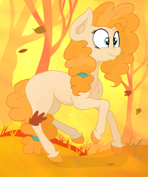 Size: 2878x3445 | Tagged: safe, artist:paskanaakka, derpibooru exclusive, pear butter, earth pony, pony, g4, autumn, butt freckles, chest fluff, colored hooves, ear fluff, female, freckles, galloping, high res, mare, missing cutie mark, shoulder freckles, smiling, solo, unshorn fetlocks