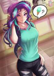 Size: 706x1000 | Tagged: safe, artist:the-park, starlight glimmer, human, equestria girls, g4, adorasexy, beanie, breasts, busty starlight glimmer, clothes, cute, female, food, glimmerbetes, hat, human coloration, ice cream, looking at you, pants, pictogram, sexy, shirt, signature, smiling, solo, that human sure does love ice cream, that pony sure does love ice cream
