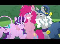 Size: 2560x1880 | Tagged: safe, artist:eleamorbid, pinkie pie, star swirl the bearded, starlight glimmer, earth pony, pony, unicorn, g4, cape, chest fluff, clothes, curved horn, cutie mark, female, freckles, hat, horn, hug, leonine tail, letterboxing, male, mare, smiling, stallion, trio, unamused, wizard hat