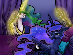 Size: 2224x1668 | Tagged: safe, artist:catscratchpaper, princess celestia, princess luna, alicorn, pony, g4, bed, curtains, cutie mark, duo, female, glowing horn, horn, jewelry, lidded eyes, magic, mare, missing accessory, morning ponies, regalia, sisters, smiling, telekinesis, waking up