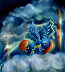 Size: 1024x1145 | Tagged: safe, artist:catscratchpaper, rainbow dash, pegasus, pony, g4, badass, clothes, cutie mark, female, goggles, lightning, looking at you, mare, rainbow waterfall, solo, spread wings, storm, uniform, wings, wonderbolts uniform