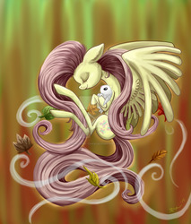 Size: 900x1057 | Tagged: safe, artist:catscratchpaper, angel bunny, fluttershy, pegasus, pony, rabbit, g4, abstract background, duo, eyes closed, female, floating, holding, hug, leaves, male, mare, profile, smiling, spread wings, watermark, wings