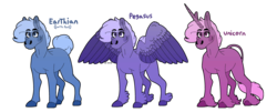 Size: 3560x1440 | Tagged: safe, artist:eleamorbid, oc, oc only, classical unicorn, earth pony, pegasus, pony, unicorn, cloven hooves, female, horn, leonine tail, long horn, mare, simple background, spread wings, transparent background, trio, unshorn fetlocks, wings