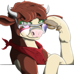 Size: 1024x1023 | Tagged: safe, artist:korencz11, arizona (tfh), cow, them's fightin' herds, bandana, cloven hooves, community related, female, glasses, hoof hold, looking at you, simple background, solo, transparent background