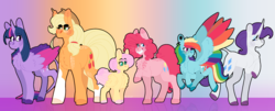 Size: 3560x1440 | Tagged: safe, artist:eleamorbid, applejack, fluttershy, pinkie pie, rainbow dash, rarity, twilight sparkle, alicorn, earth pony, pegasus, pony, unicorn, g4, abstract background, alternate universe, chest fluff, coat markings, colored wings, cowboy hat, curved horn, cutie mark, ear piercing, earring, female, flying, food, freckles, hat, horn, jewelry, leonine tail, lidded eyes, long ears, mane six, mare, piercing, raised hoof, size difference, smiling, spread wings, straw in mouth, thick eyebrows, twilight sparkle (alicorn), wheat, wings