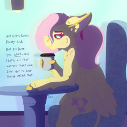 Size: 2048x2048 | Tagged: safe, artist:eleamorbid, fluttershy, pegasus, pony, g4, alternate hairstyle, coffee, cup, cutie mark, ear fluff, female, floppy ears, hair tie, high res, hoof fingers, leonine tail, lidded eyes, mare, ponytail, sitting, solo, starbucks, text