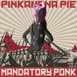 Size: 1024x1024 | Tagged: safe, artist:korencz11, pinkie pie, human, semi-anthro, g4, alternate hairstyle, clothes, female, mandatory fun, parody of a parody, ponified, ponified album cover, ponk, soldier, tank (vehicle), uniform, weird al yankovic