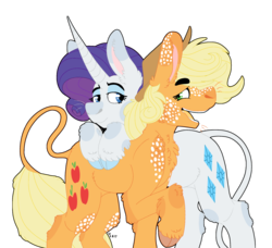 Size: 2248x2048 | Tagged: safe, artist:eleamorbid, applejack, rarity, earth pony, pony, unicorn, g4, cloven hooves, curved horn, cutie mark, eyeshadow, female, freckles, high res, horn, leaning, leonine tail, lesbian, long horn, looking at each other, makeup, mare, open mouth, raised hoof, ship:rarijack, shipping, simple background, smiling, transparent background