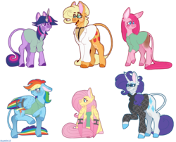 Size: 3560x2880 | Tagged: safe, artist:eleamorbid, applejack, fluttershy, pinkie pie, rainbow dash, rarity, twilight sparkle, earth pony, pegasus, pony, unicorn, fanfic:asylum, g4, alternate hairstyle, bound wings, burned, clothes, colored wings, curved horn, cutie mark, doctor, ear fluff, fanfic, fanfic art, female, floppy ears, freckles, glasses, hair tie, high res, horn, hospital gown, leonine tail, mane six, mare, open mouth, pinkamena diane pie, ponytail, raised hoof, sad, scar, scarf, shirt, simple background, sitting, size difference, smiling, transparent background