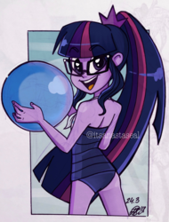 Size: 974x1280 | Tagged: safe, artist:antych, sci-twi, twilight sparkle, equestria girls, equestria girls series, forgotten friendship, g4, ass, attached skirt, ball, blue swimsuit, butt, clothes, female, glasses, looking at you, looking back, looking back at you, one-piece swimsuit, open mouth, ponytail, sci-twi swimsuit, sci-twibutt, skirt, solo, swimsuit, watermark