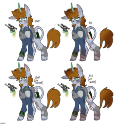 Size: 4048x4248 | Tagged: safe, artist:eleamorbid, oc, oc only, oc:littlepip, pony, unicorn, fallout equestria, absurd resolution, big ears, clothes, cloven hooves, curved horn, ear fluff, fanfic, fanfic art, female, freckles, glowing horn, gun, handgun, hooves, horn, jumpsuit, leonine tail, levitation, little macintosh, magic, mare, pipbuck, progress, revolver, scar, serious, serious face, simple background, solo, telekinesis, transparent background, vault suit, weapon