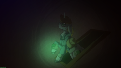 Size: 2560x1440 | Tagged: safe, artist:eleamorbid, oc, oc only, oc:littlepip, pony, unicorn, fallout equestria, clothes, cloven hooves, curved horn, cutie mark, dark, darkness, doorway, fanfic, fanfic art, female, floppy ears, hoof fluff, hooves, horn, jumpsuit, light, mare, muzzle fluff, neck fluff, night, pipbuck, saddle bag, solo, sweet apple acres, vault suit, wide eyes