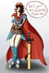 Size: 1024x1536 | Tagged: safe, artist:korencz11, arizona (tfh), cow, anthro, them's fightin' herds, armor, cape, clothes, community related, cowboy hat, crossover, fire emblem: radiant dawn, hat, solo, stetson, sword, weapon