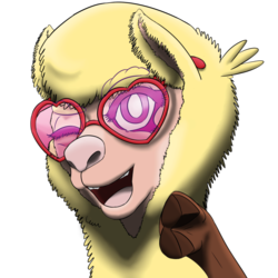 Size: 1024x1024 | Tagged: safe, artist:korencz11, paprika (tfh), alpaca, them's fightin' herds, cloven hooves, community related, female, glasses, one eye closed, pointing, simple background, solo, transparent background, wink
